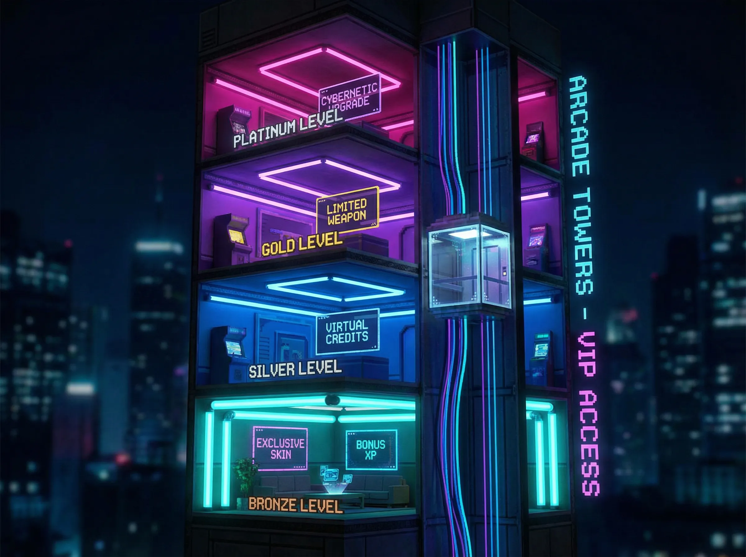 水果老虎机 复古街机摩天楼VIP层级剖面图